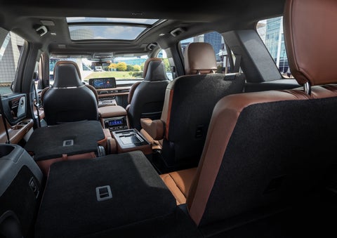 The interior of the 2025 Lincoln Aviator® SUV is shown with two seats folded down for added space. | Kindle Lincoln in Cape May Court House NJ
