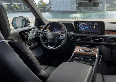 The interior of the 2025 Lincoln Aviator® SUV is shown parked with a view of a harbor through the windshield. | Kindle Lincoln in Cape May Court House NJ