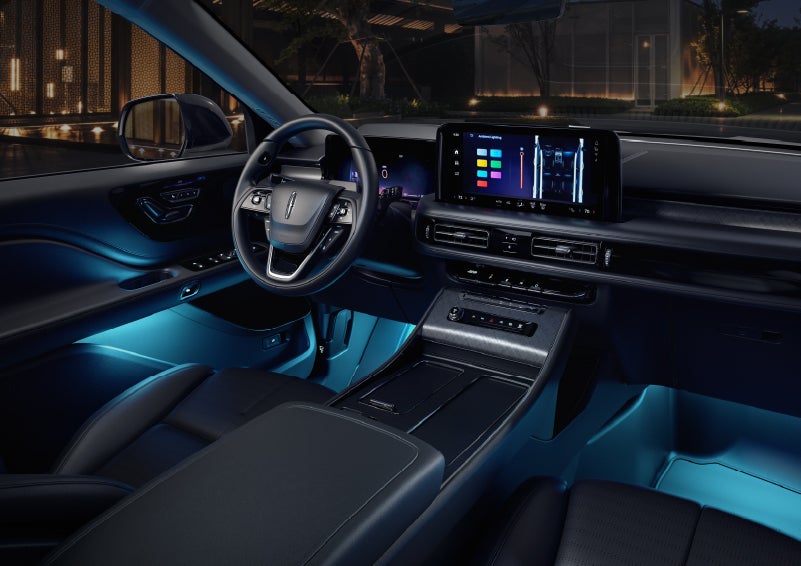 Deep blue ambient lighting glows from various places within a 2026 Lincoln Aviator® SUV. | Kindle Lincoln in Cape May Court House NJ