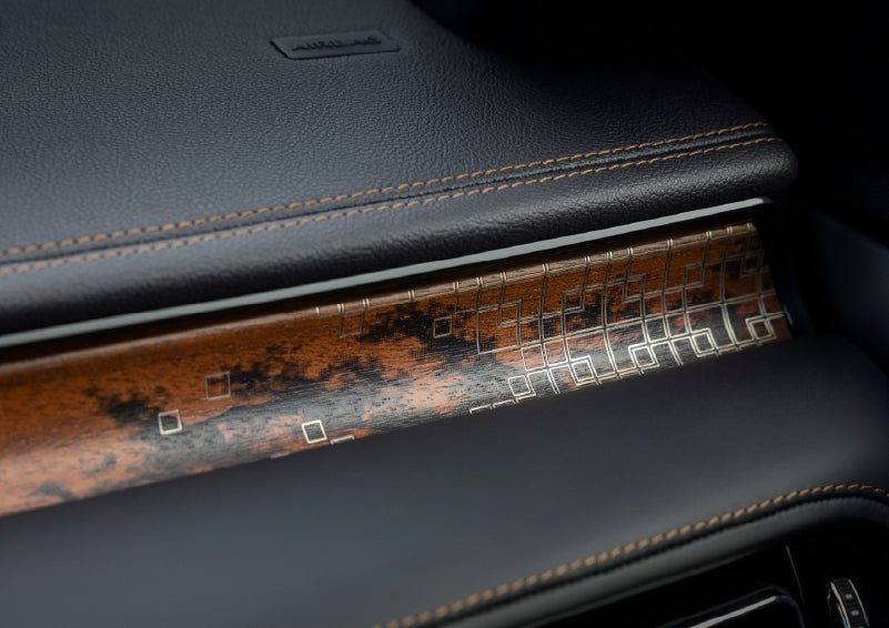 A close-up shot of the 2026 Lincoln Aviator® dashboard with unique black and brown accents and brown stitching. | Kindle Lincoln in Cape May Court House NJ